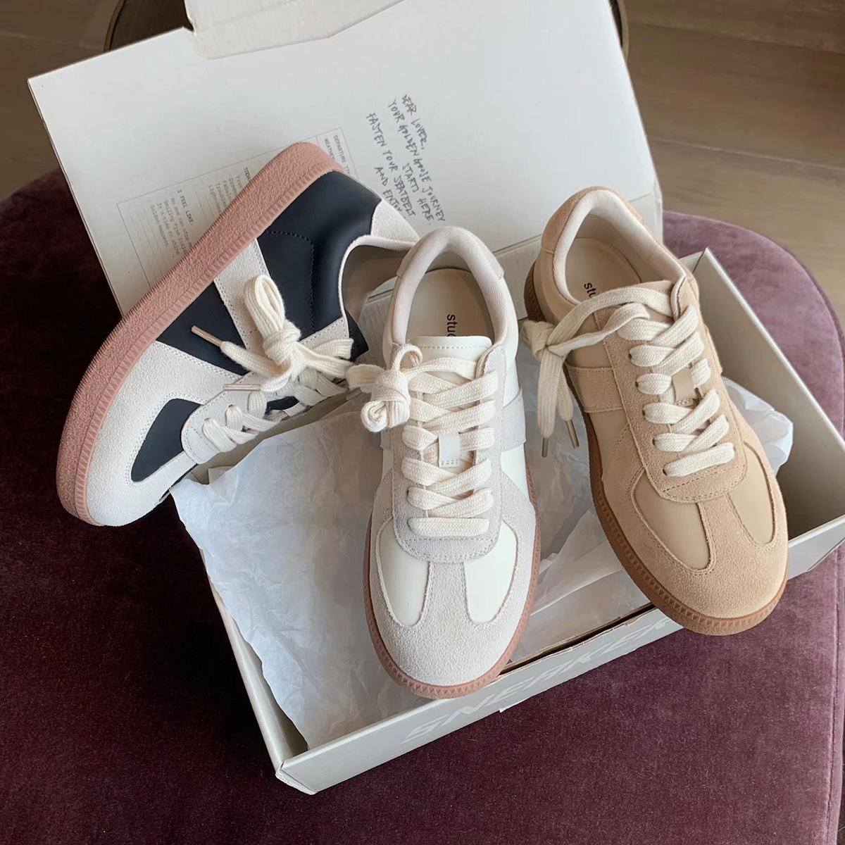 Edición de cuero de vaca en stock ~ Grape Madre con zapatos de entrenamiento de cuero auténtico de correa casual con suela gruesa zapatos blancos de skate de mujer