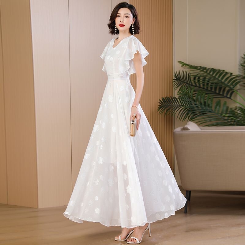 2025 New Summer White Jacquard Chiffon Dress Fashionable Simple Noble Long Lotus Leaf Sleeve Large Swing Skirt for Women 2025 New Summer White Jacquard Chiffon Dress Fashionable Simple Noble Long Lotus Leaf Sleeve Large Swing Skirt for Women