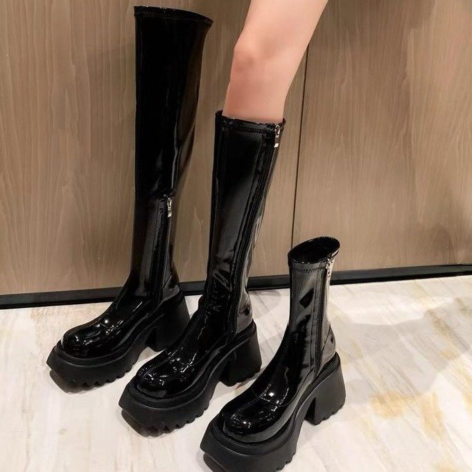 Small Skinny Stretch Boots Women's Autumn and Winter 2024 New Style Thick Knee Boots Patent Leather High Knights Boots Small Skinny Stretch Boots Women's Autumn and Winter 2024 New Style Thick Knee Boots Patent Leather High Knights Boots