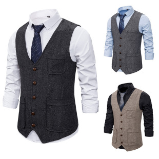 Amazon 2025 New Autum Herringbone Single-Breasted Suit Vest Men's Lapel Pure Color Vest Jacket Men