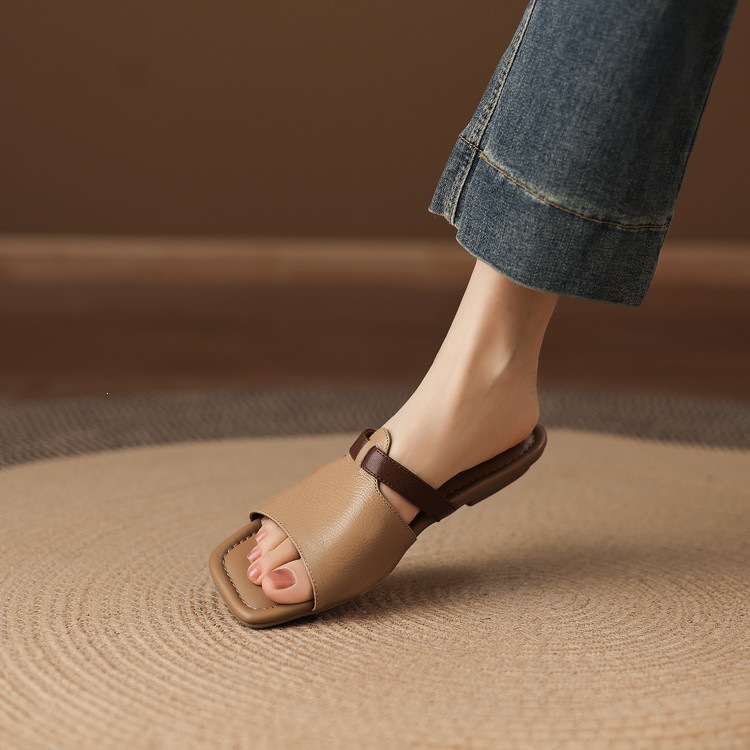 Dép sandal nữ xỏ ngón đế bệt phối màu hở mũi thời trang — màu trắng ngà, màu mơ chi tiết 76