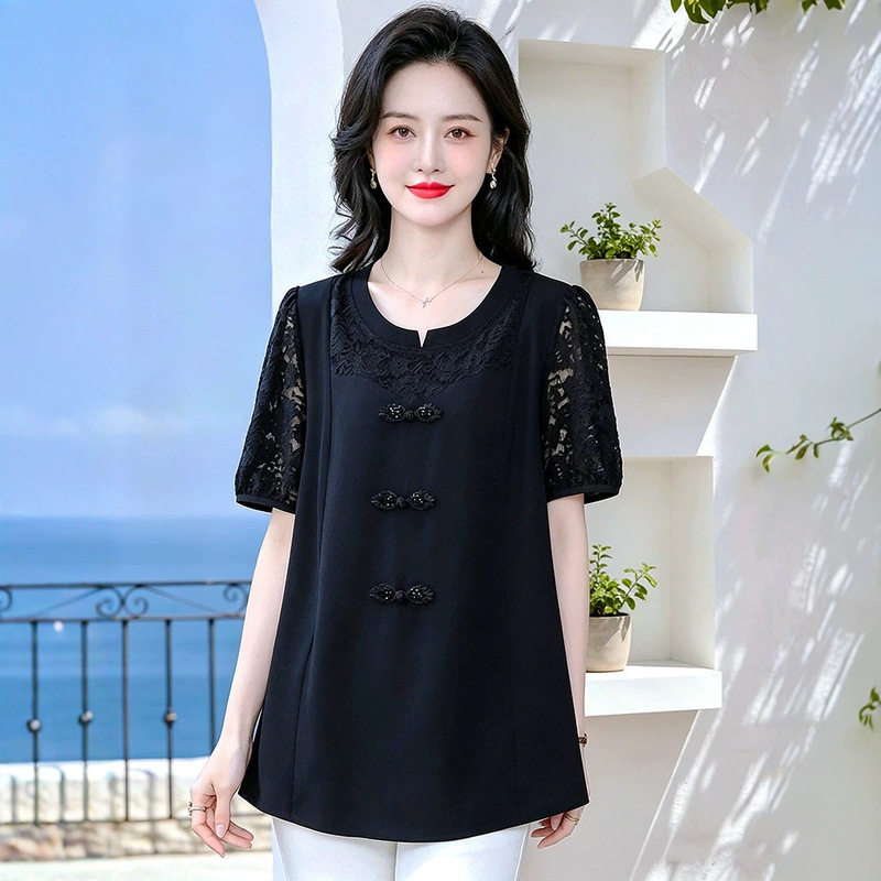 2024 Summer Lace Chiffon Buckle Elegant Design Feminine Plus Size Chubby Blouse Top Women 2024 Summer Lace Chiffon Buckle Elegant Design Feminine Plus Size Chubby Blouse Top Women