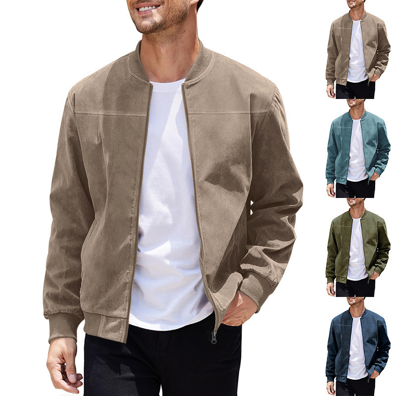 European and American Autumn Bomber Jackets, Cross-Border Men's Casual Fashion Suede Zipper Stand-Up Collar Tops, Stylish