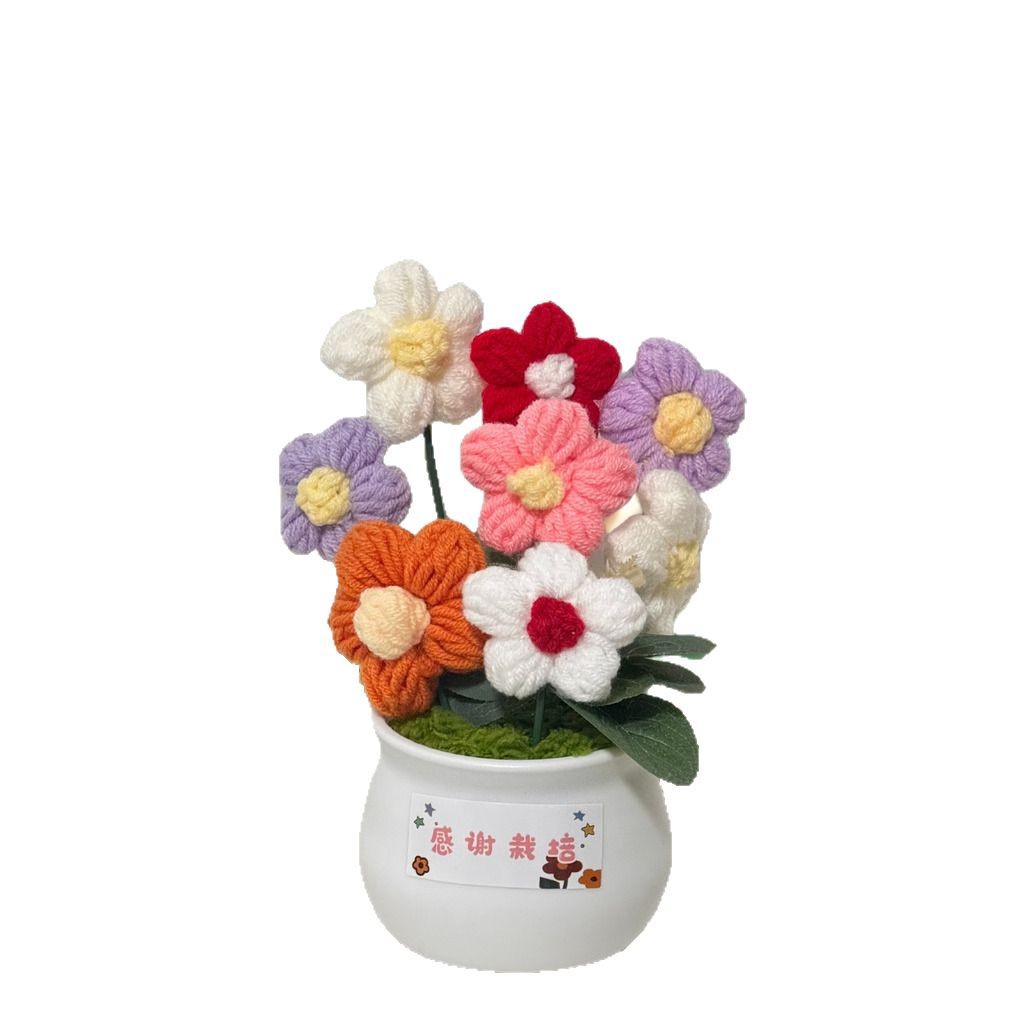 Bolsa de material de bricolaje de flores de girasol, flor tejida a mano, botella blanca pequeña, planta en maceta de punto, decoración de escritorio terminada