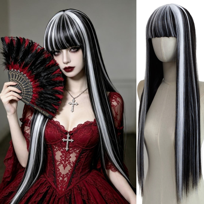 TEMU Halloween Wig for Women Gothic Ghost Bride Black and White Highlighted Long Straight Hair with Bangs Cosplay Wig TEMU Halloween Wig for Women Gothic Ghost Bride Black and White Highlighted Long Straight Hair with Bangs Cosplay Wig
