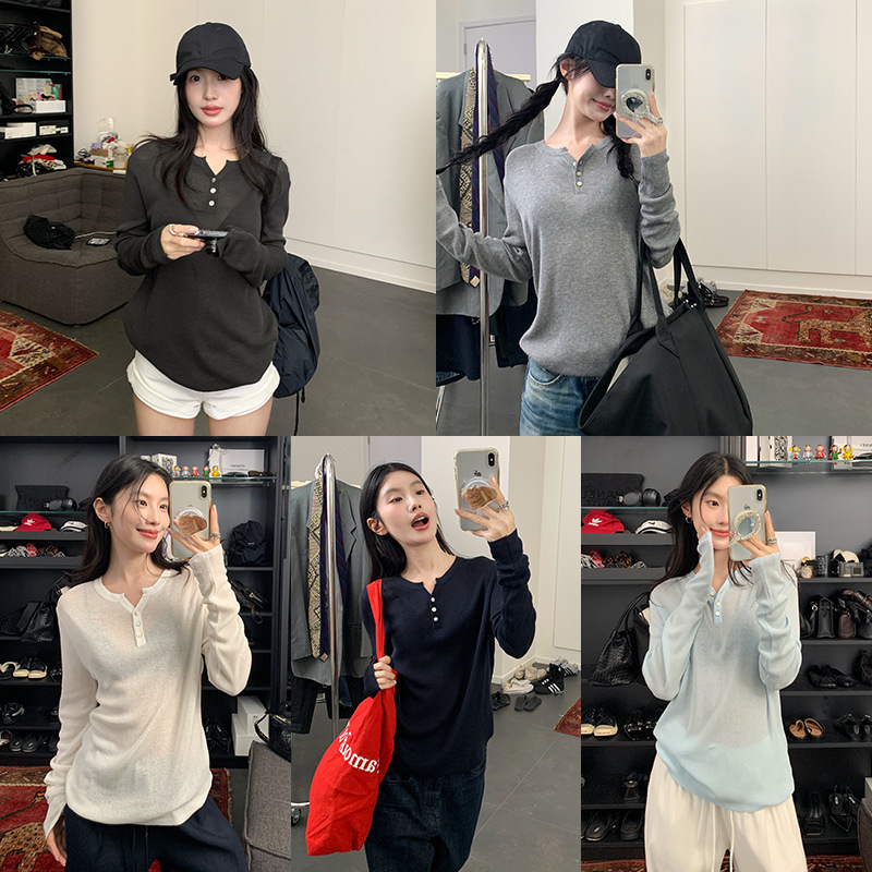 Nan Tao Lyocell Linen Henry Collar Long-Sleeved T-Shirt for Women Summer New Sexy Slimming Look Slightly See-Through Top