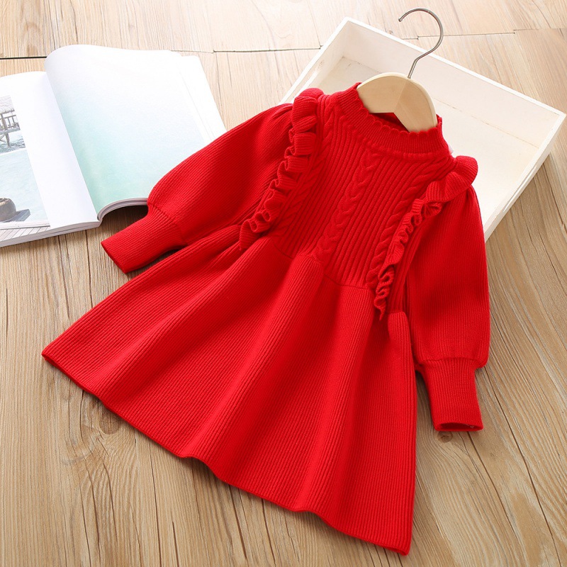 Girls Knitted Dress Autumn Winter Solid Colour Long Sleeve Style_voghion.com