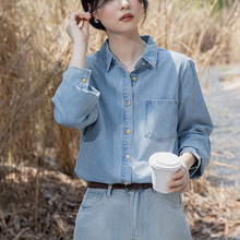 美式蓝色牛仔衬衫女2025春秋新款复古做旧港味宽松休闲长袖上衣