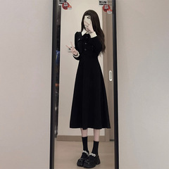 黑色法式长袖连衣裙子女早春装新款春季穿搭配一整套气质长裙