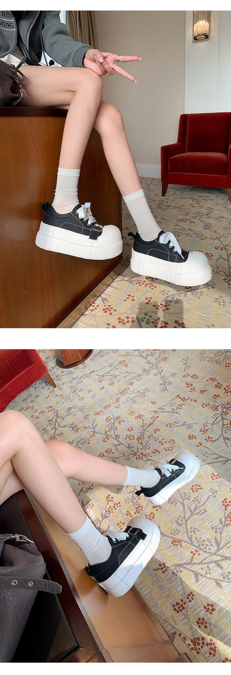 Giày sneaker nữ đế dày da thật phong cách platform khóa dây — màu đen, màu trắng chi tiết 13