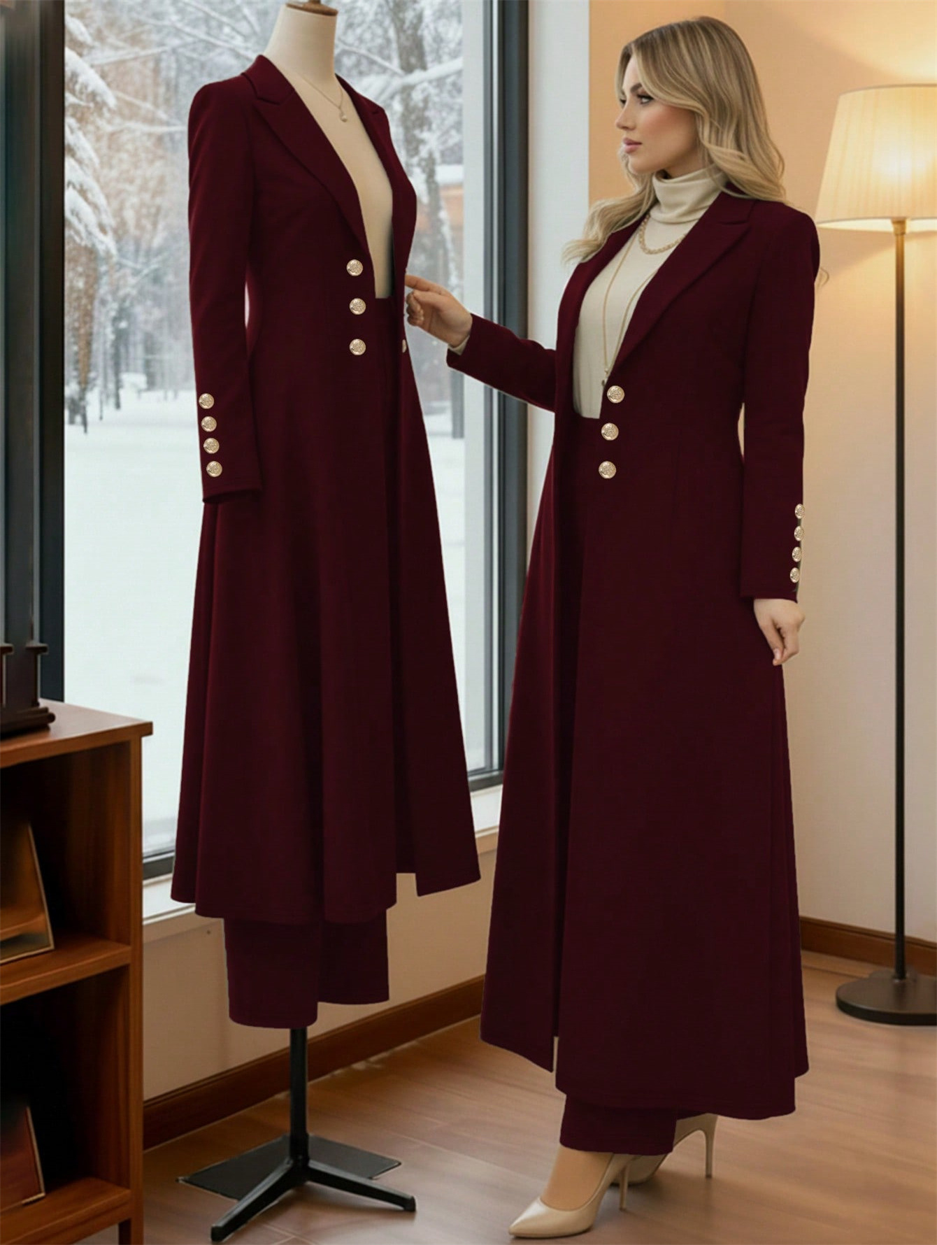 Plus Size Elegant Retro Style Suit Coat Casual Straight Leg Trousers Waist Cinching Long Coat Set_ecoleips.com
