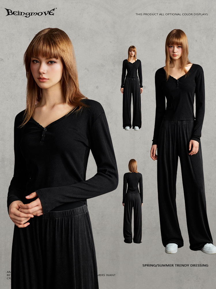 Calle secada| 2025 otoño estilo americano caliente diseño de cuello en V mangas largas delgadas lavados con agua pantalones rectos para mujeres