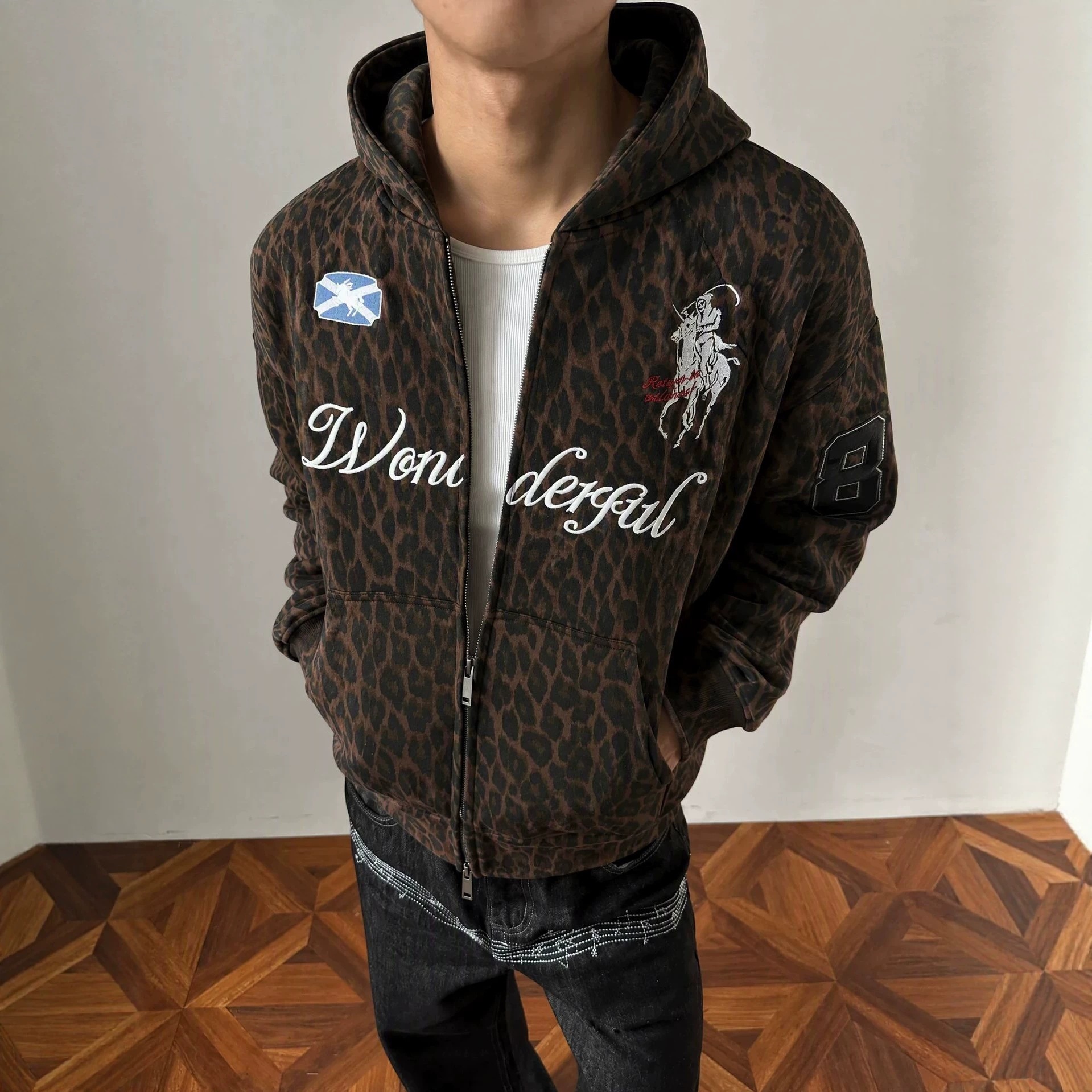 美式复古豹纹卫衣开衫重工廓形连帽外套男女春秋季拉链情侣夹克衫