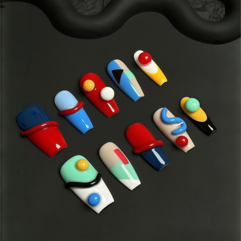 Color Collision Artistry 3D Stereo New Style Fake Nails Wearable Nails Overseas Cross-Border Detachable Finished Products Wholesale