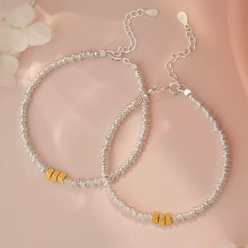 乾佳S999足银S925纯银轻奢小众精致奶酪圆环碎银子手链简约送闺蜜