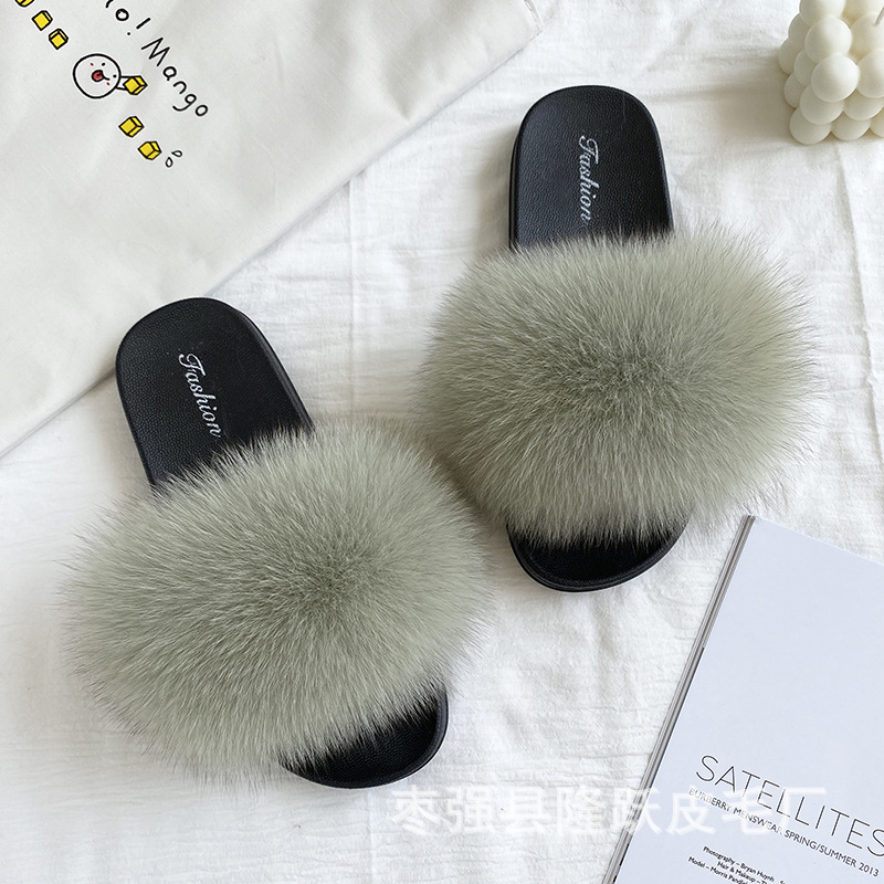 Amazon transfronterizo zapatillas de pelo de zorro real zapatillas de pelo de fondo plano zapatillas de pelo de mujer zapatillas de pelo de verano nuevas exportaciones