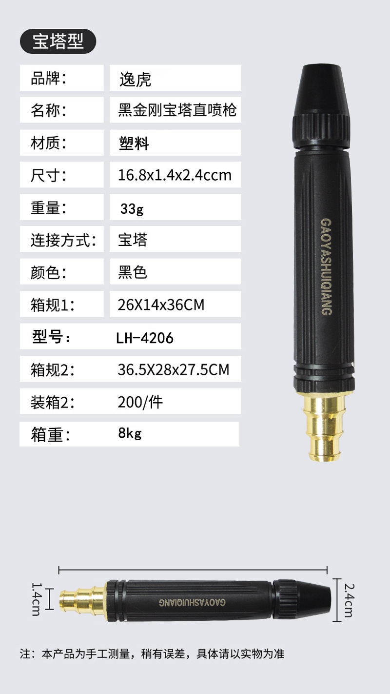 直喷水枪宝塔型高压水枪批发家用洗车园林黑金刚塑料体塑料壳喷头详情6