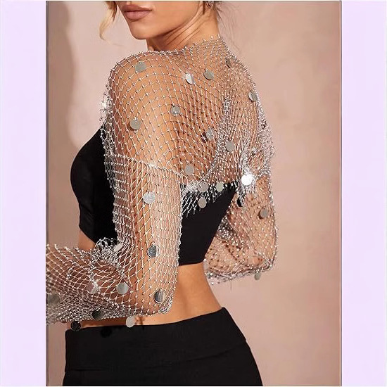 F4911Y2025 Cross Mirror Fishnet Sequin Cardigan Top Diamond Blingbling European and American Coverups Top