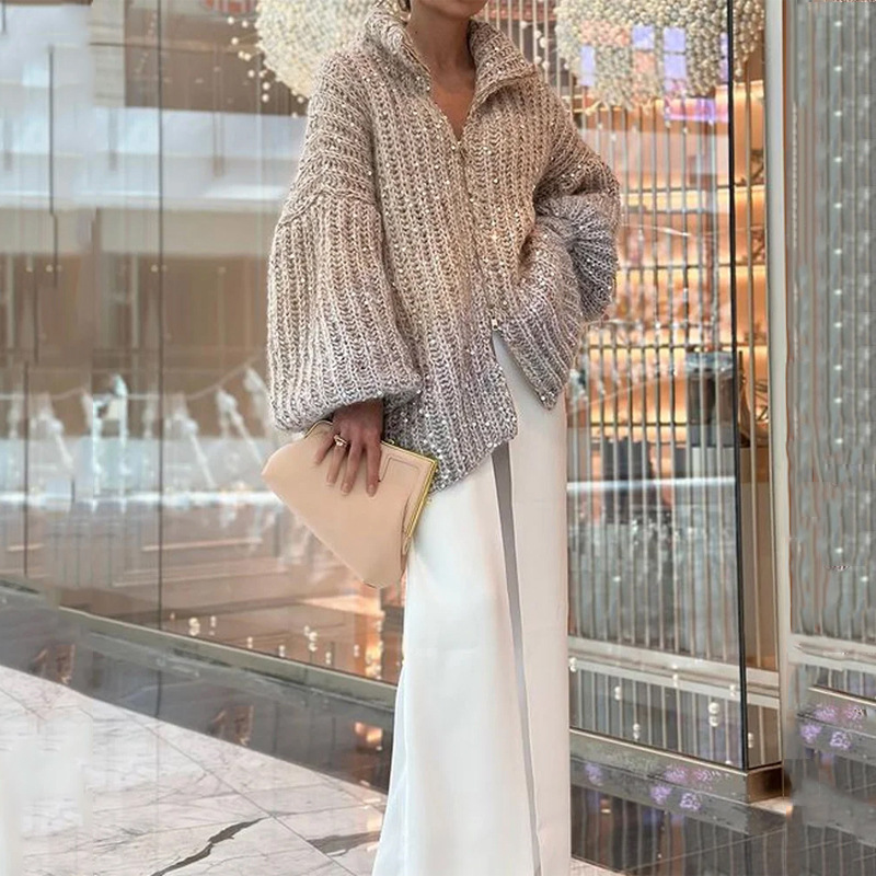 2023 otoño e invierno europeo y americano Amazon transfronterizo Comercio exterior nuevo de alto grado elegante Chanel estilo cómodo lentejuelas suéter con cuello en V