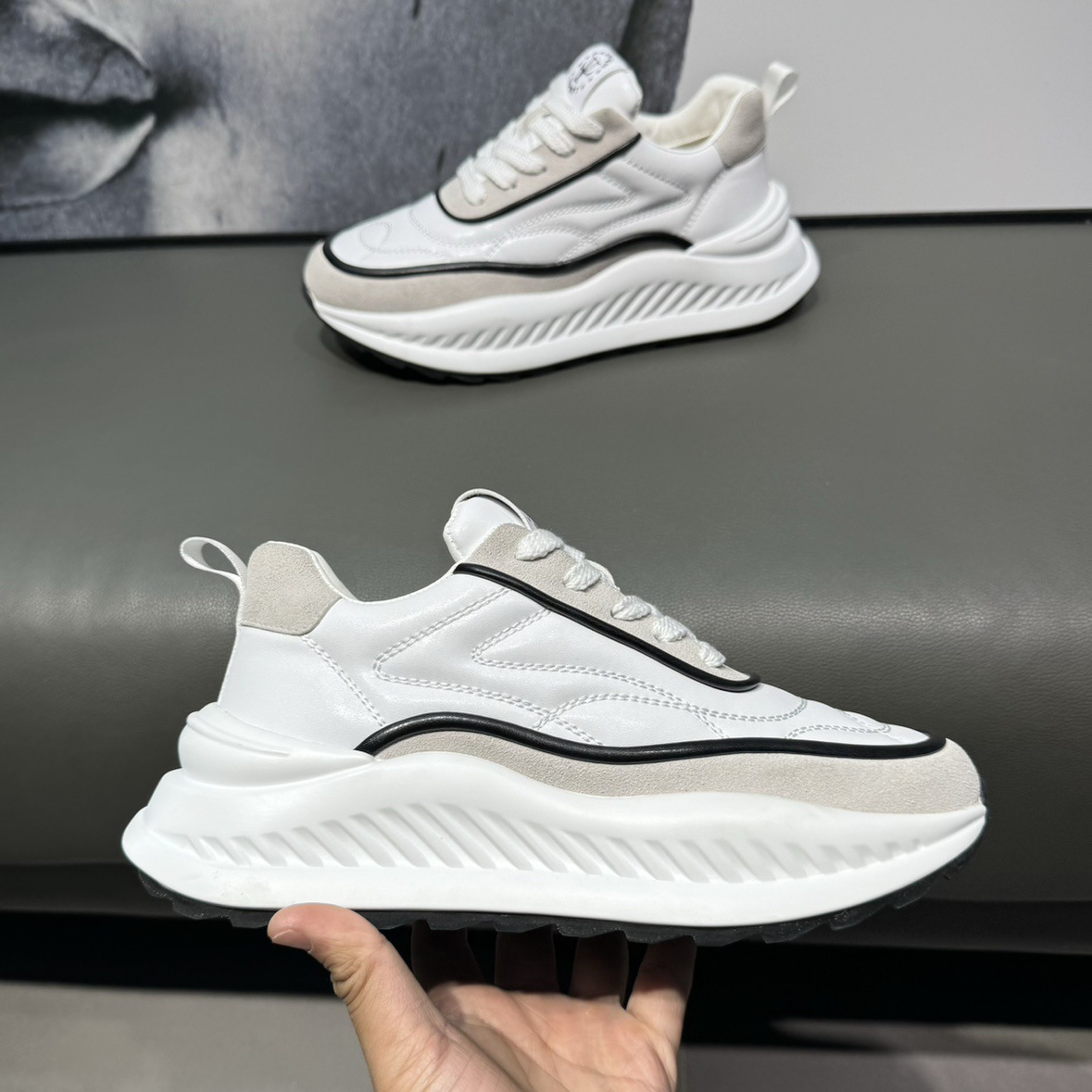 Baskets homme décontractées en cuir blanc style mode polyvalent_voghion.com