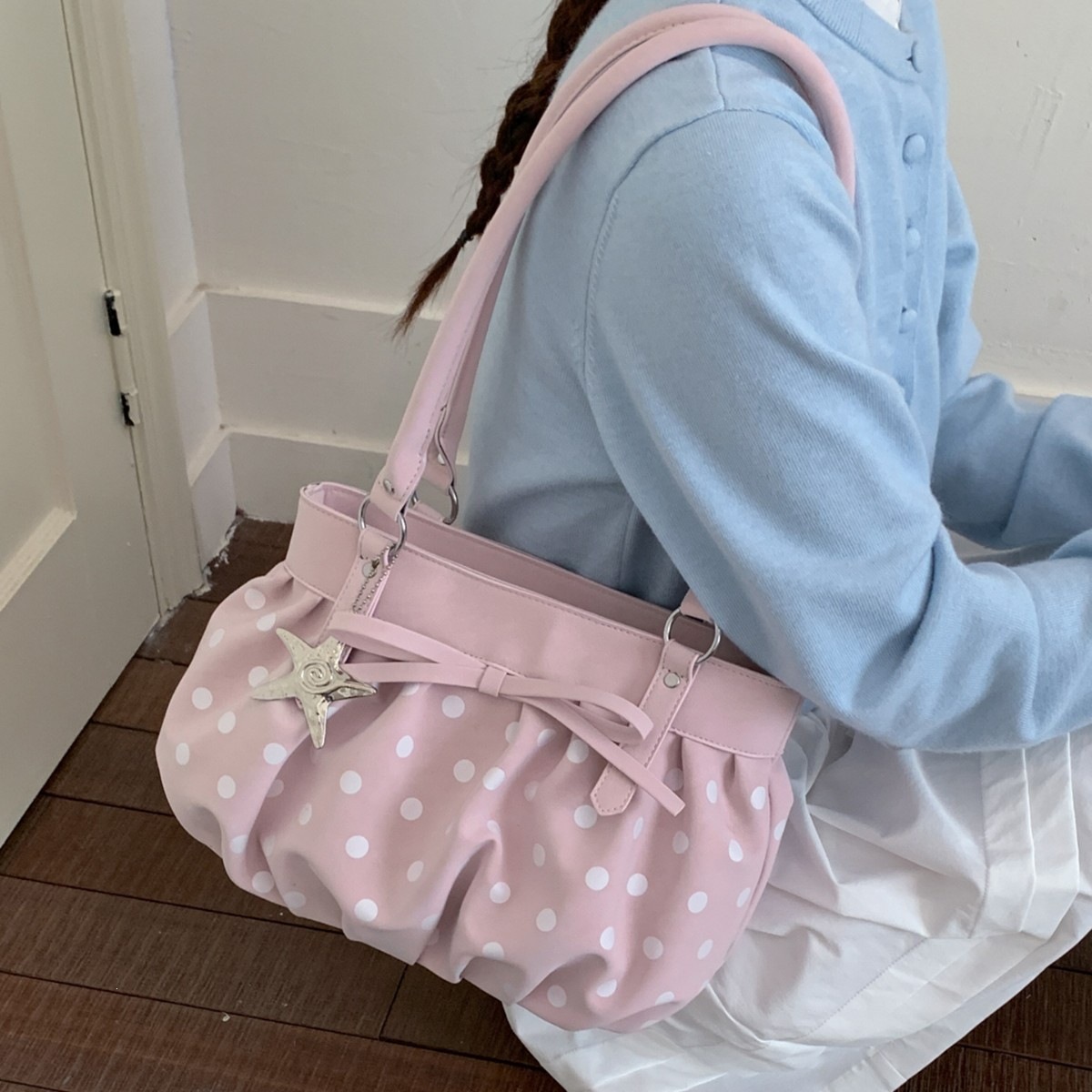 跨境大容量波点托特包包女2026夏季新款蝴蝶结褶皱小众单肩腋下包