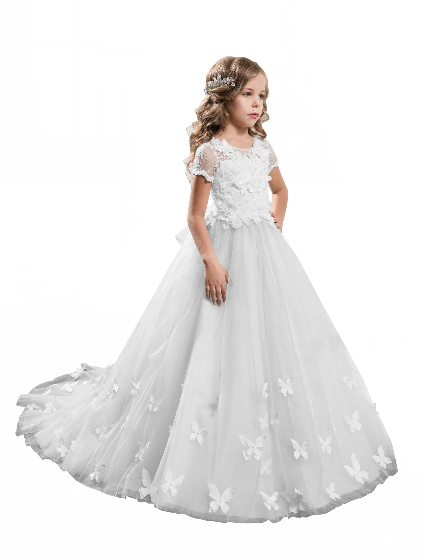 Transfronteriza europea y americana Comercio exterior nueva manga corta de encaje princesa estilo rendimiento bola arco flor niña vestido de novia vestido esponjoso