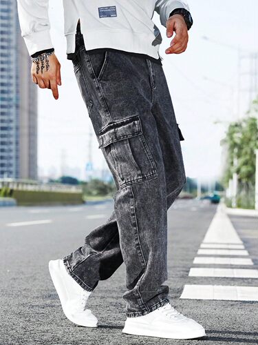 European and American style workwear autumn and winter jeans for men, loose stack feeling, multi-pocket casual long pants, trendy and fashionable street style