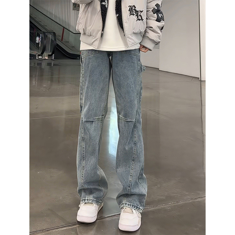 Vintage Blue American-Style Diagonal-Cut Flared Jeans for Men, Spring Slim-Fit Pants with Lace-Up Design, Curved Workwear Pants Vintage Blue American-Style Diagonal-Cut Flared Jeans for Men, Spring Slim-Fit Pants with Lace-Up Design, Curved Workwear Pants