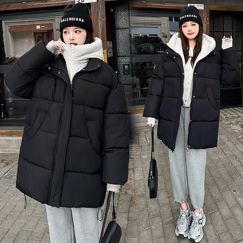 2025 invierno nuevo color de contraste de ropa de algodón de moda de mujer chaqueta de algodón gruesa chaqueta casual con capuz image 2