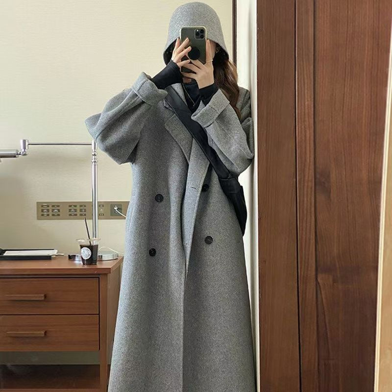Gray Double-Sided Woolen Coat for Women 2026 Autumn and Winter New Korean Style Loose Mid-Length Popular Thickened Woolen Coat