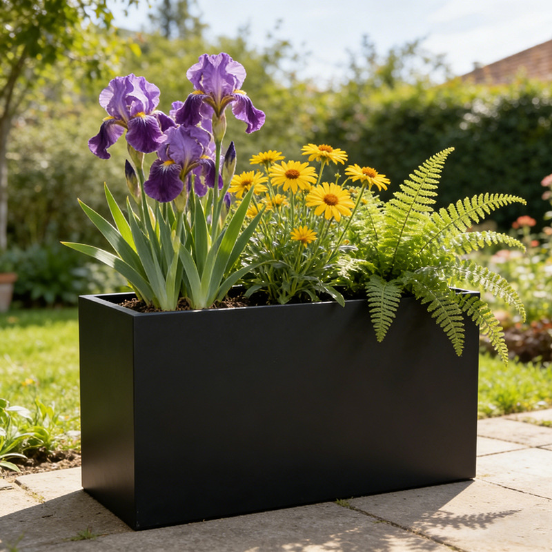 Caja de flores de acero inoxidable forjado al aire libre, sala de ventas, caja de flores de calle comercial, caja de flores de metal terminada, cerca de caja de flores