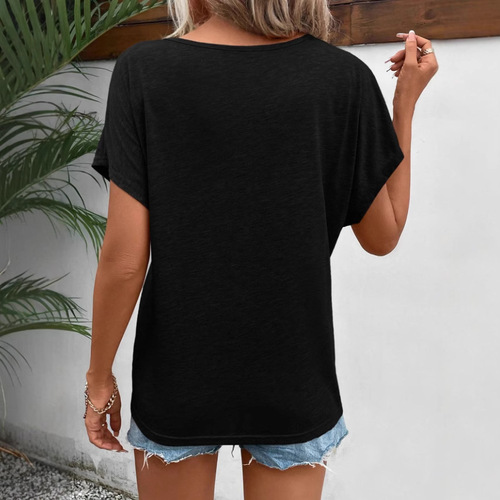 European and American independent online store women's short-sleeved T-shirt, V-neck casual top, thin, elegant, commuter style.