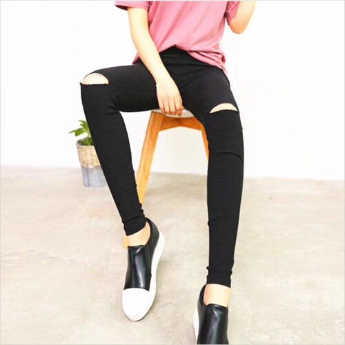 Women's External Wear Thin Black Spring Outfit New Magic Pencil Ankle Pants with Distressed Design, Stylish and Slimming