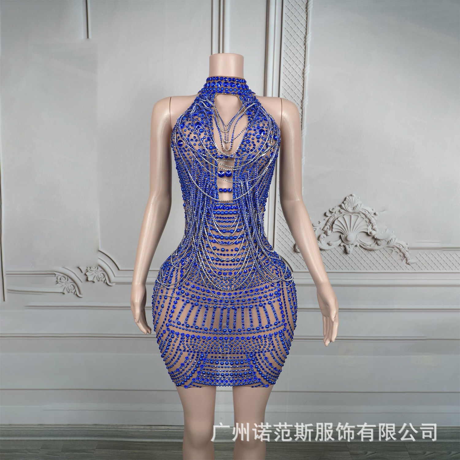 一件代发欧美蓝色奢华亮钻名媛气质连衣裙模特走秀服生日包臀短裙