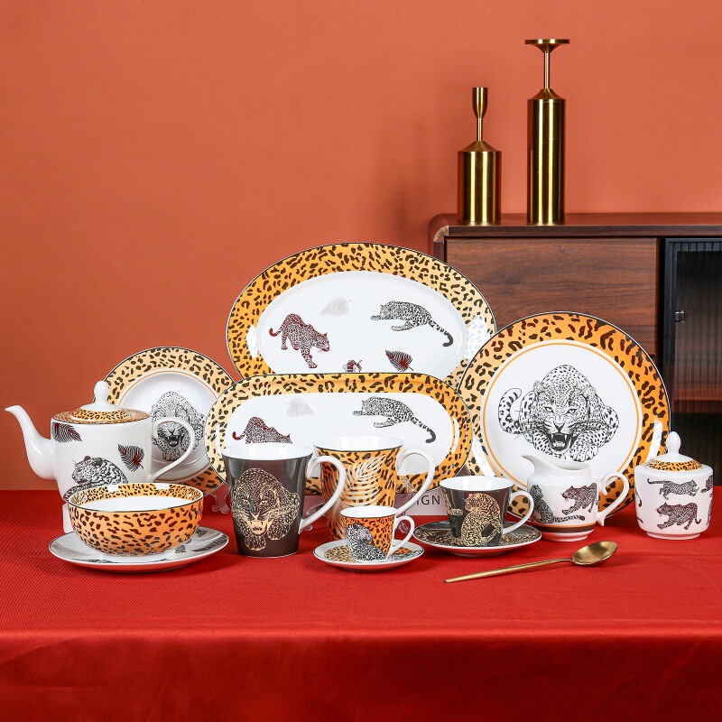 Leopard Print Ceramic Tableware Set, Accessible Luxury Animal Print Bowls, Plates, Cups and Saucers Combination, Home Hotel Tableware Can Be Customized Lo