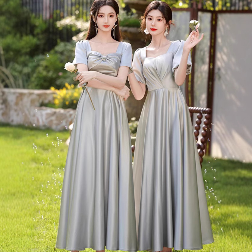 Bridesmaid Dress 2026 Gray Satin Style High-End Niche Sister Group French-Style Gown That Can Be Worn Casually with Off-The-Shoulder Design