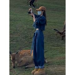 秋季2025新款高级感盐系泡泡袖短款外套哈伦牛仔裤时尚牛仔套装女