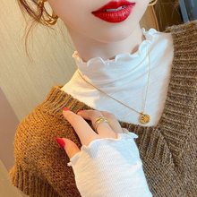 单/两件螺纹春秋半高领打底衫女装内搭薄款长袖T恤白色边上衣