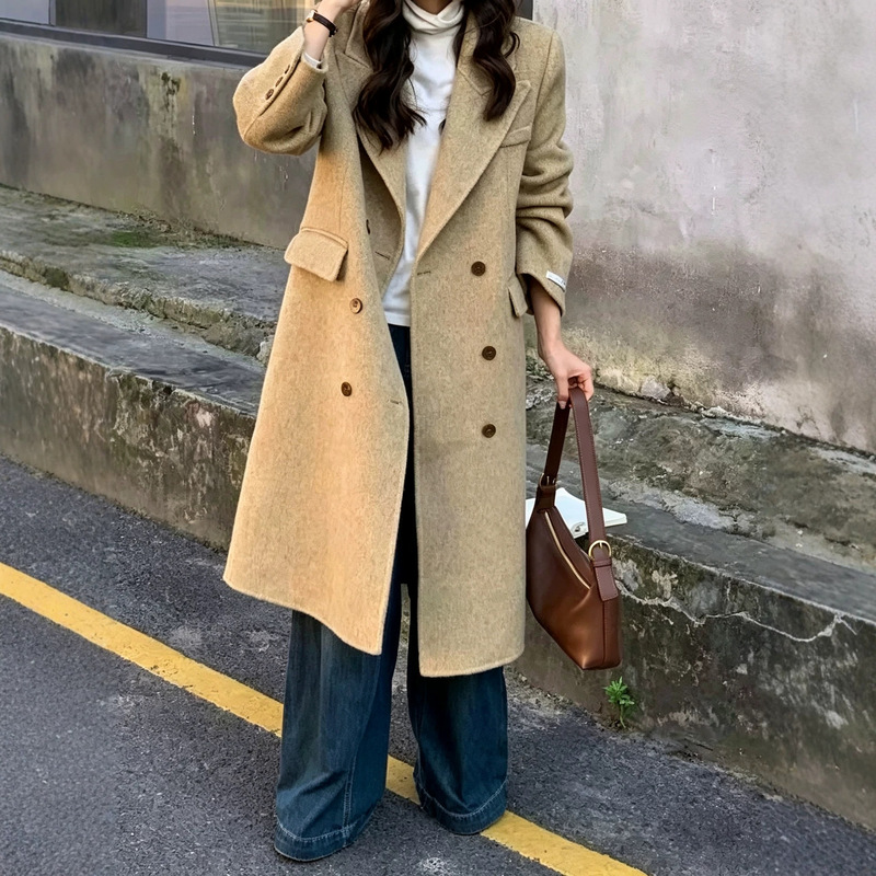 26 New Autumn and Winter Herringbone Pattern Suit Collar Double-Sided Wool Coat for Women with Shoulder Pads and Double-Breasted Long Woolen Coat 26 New Autumn and Winter Herringbone Pattern Suit Collar Double-Sided Wool Coat for Women with Shoulder Pads and Double-Breasted Long Woolen Coat