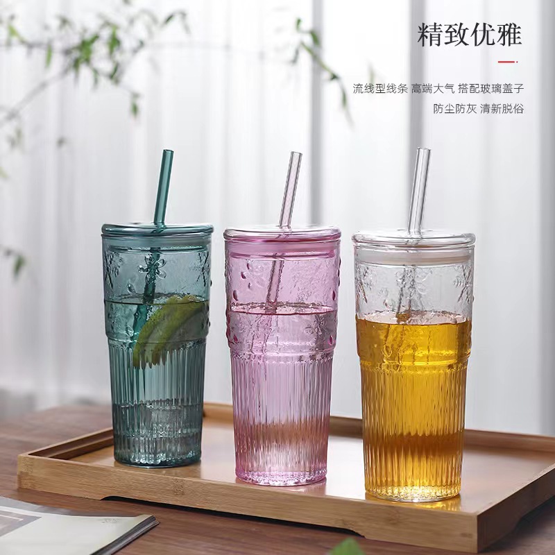 Taza de paja de vidrio de alto borosilicato de color, taza de jugo de leche doméstica de alto valor facial, taza de té de leche de vidrio transparente de gran capacidad