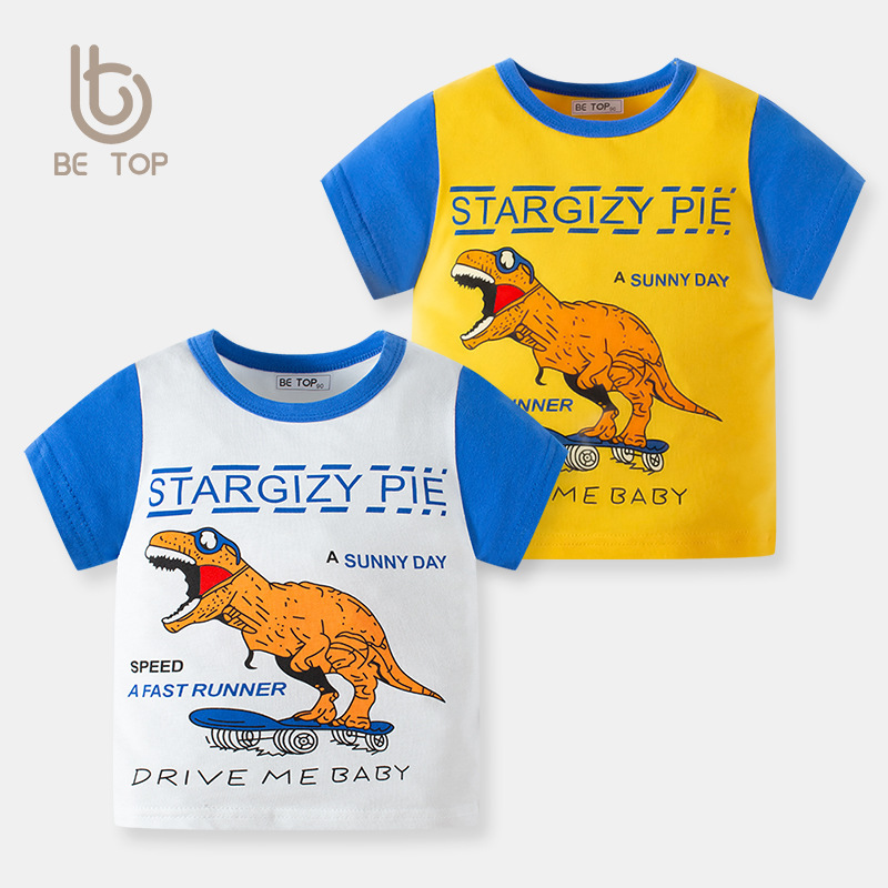 Niños de dibujos animados de manga corta nuevo patrón de dinosaurio manga bebé niños Camiseta estilo coreano ropa de punto INS ropa infantil al por mayor