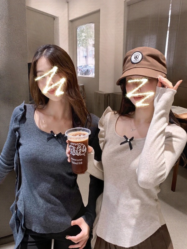 韩系荷叶边蝴蝶结修身打底针织衫女早秋2025新款收腰显瘦上衣小衫|undefined