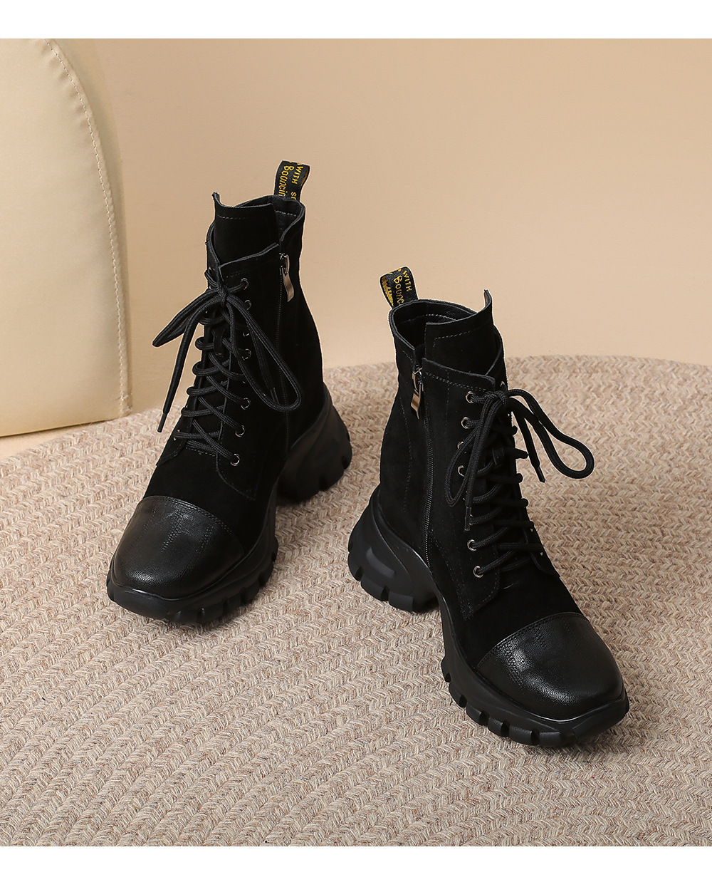 Boot cổ ngắn nữ buộc dây phong cách retro, gót 10 cm — Lớp lót nhung đen chi tiết 13