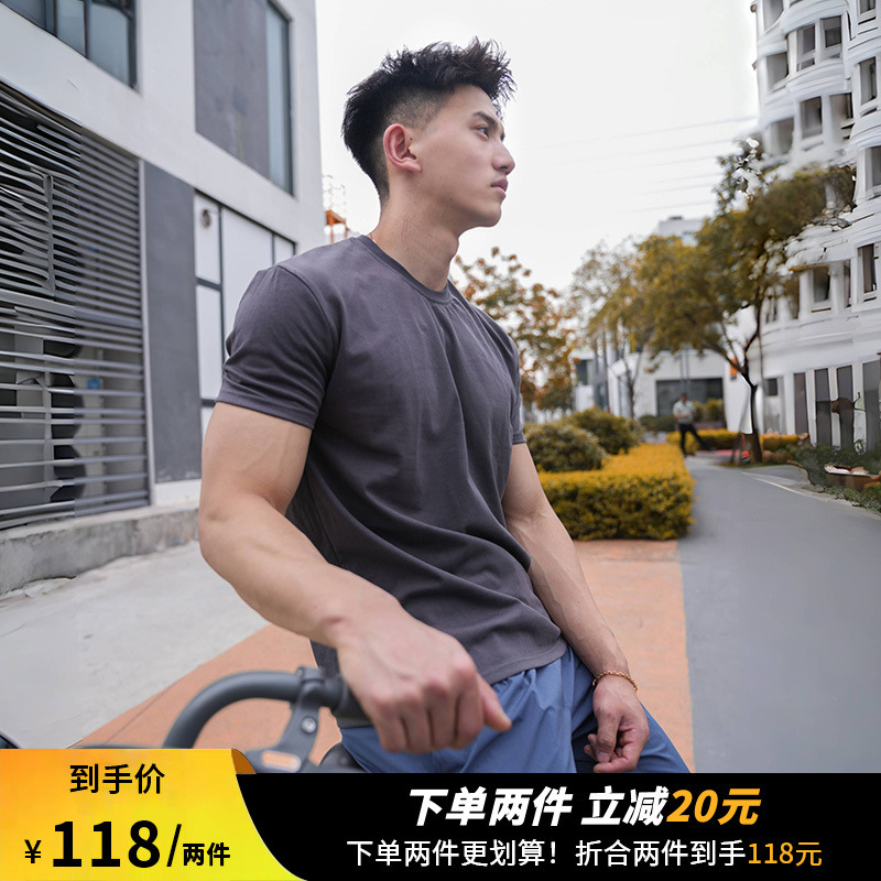 스포츠 티셔츠 남성 캐주얼 피트니스 라운드 넥 커프스 통기성 솔리드 컬러 반팔 농구 러닝