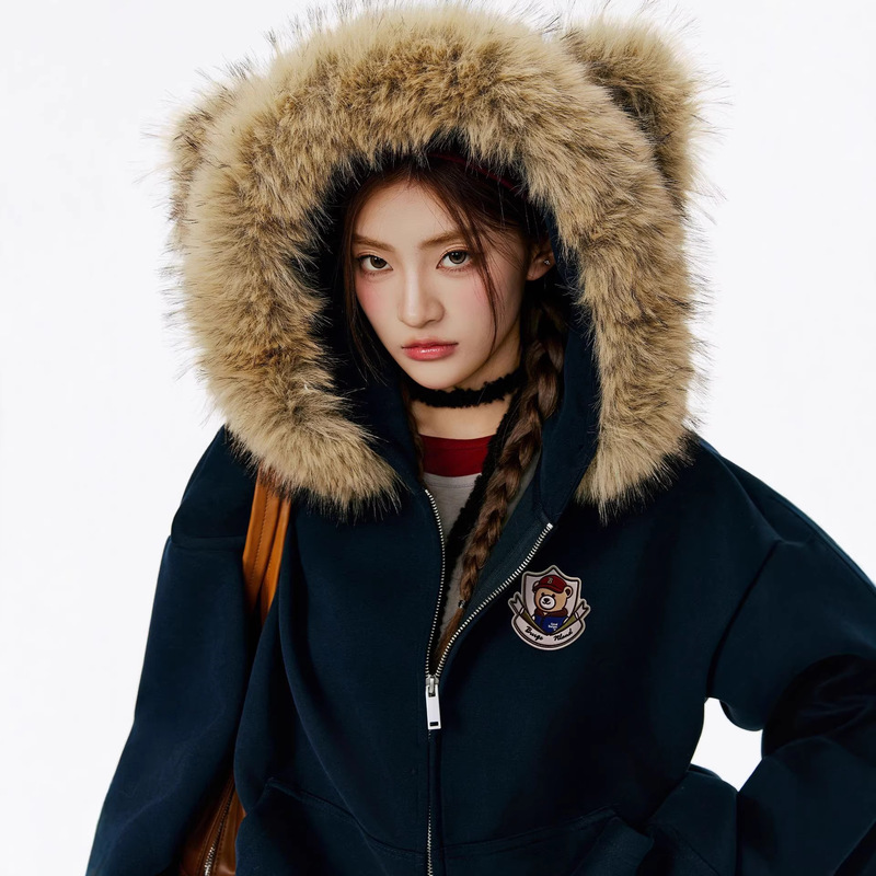 American Retro Style Bear Ear Fur Collar Cardigan Jacket for Women 2025 New Autumn and Winter Casual Loose Hooded Sweatshirt Trendy American Retro Style Bear Ear Fur Collar Cardigan Jacket for Women 2025 New Autumn and Winter Casual Loose Hooded Sweatshirt Trendy