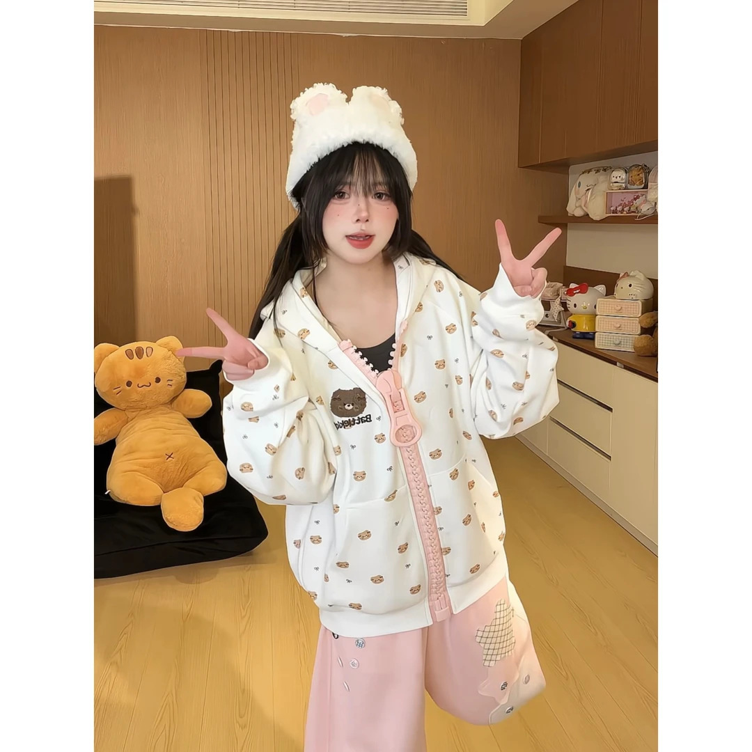 American Retro Bear Embroidered Double Hooded Sweatshirt, New Autumn Style, Loose Fit, Casual, Versatile Cardigan/Outerwear