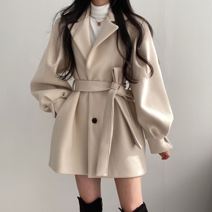 New Korean-Style Autumn and Winter Coat with Tie, Elegant Hepburn-Style Mid-Length Woolen Coat for Petite Women New Korean-Style Autumn and Winter Coat with Tie, Elegant Hepburn-Style Mid-Length Woolen Coat for Petite Women