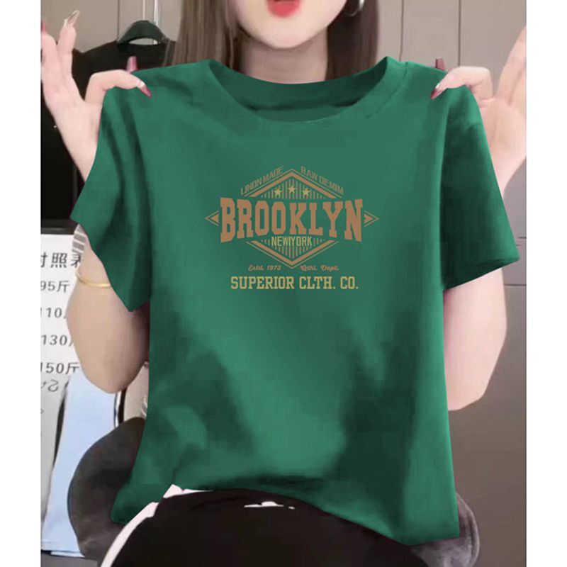 2026 New Popular Green Regular Shoulder Pure Cotton Short-Sleeve T-Shirt for Women, Relaxed Fit, Versatile Printed Crew Neck Top