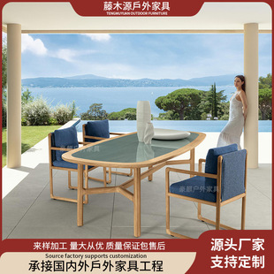 Villa Outdoor Table and Chair Courtyard Garden Waterproof Teak Hotel Homestay Outdoor Terrace Leisure Solid Wood Table and Chair Combination