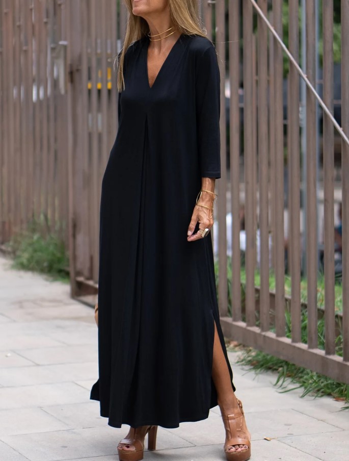 Women's Clothing Women's V-Neck Knitted Long Dress Style Solid Color Three Quarter Sleeve Dress With Slit_voghion.com